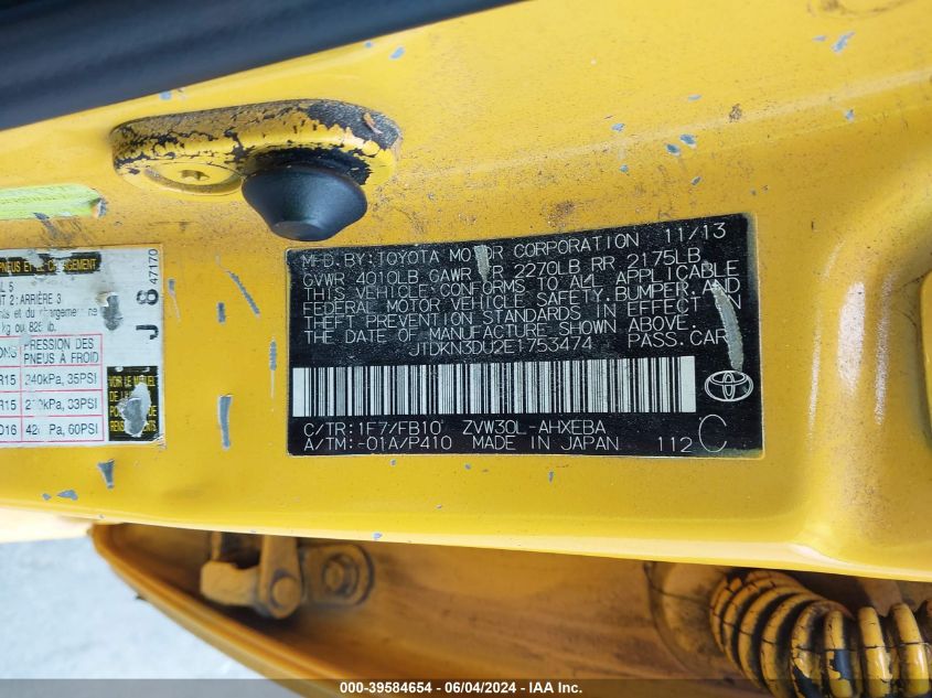 2014 Toyota Prius Two VIN: JTDKN3DU2E1753474 Lot: 39584654