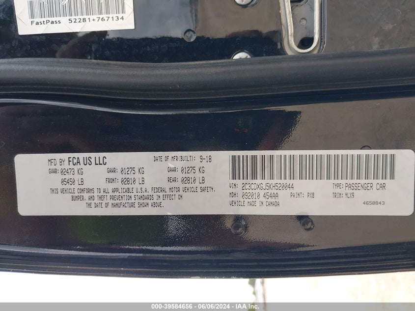 2019 Dodge Charger Scat Pack Rwd VIN: 2C3CDXGJ5KH520044 Lot: 39584656
