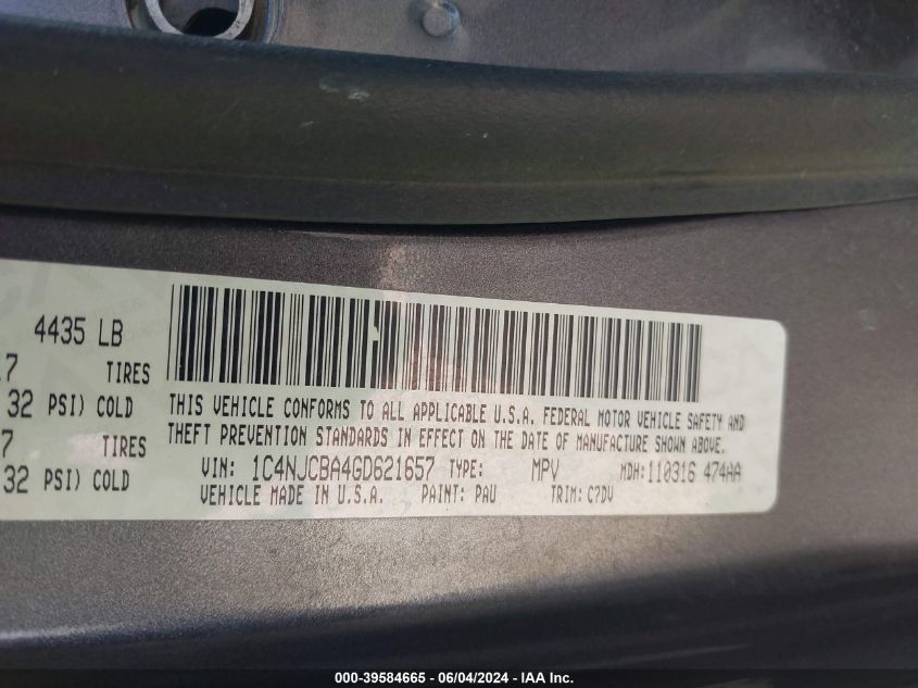 2016 Jeep Compass Sport VIN: 1C4NJCBA4GD621657 Lot: 39584665