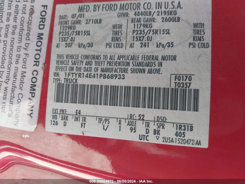 2001 Ford Ranger Edge/Xlt VIN: 1FTYR14E41PB68933 Lot: 39584672