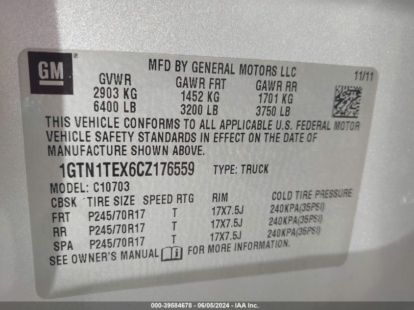 2012 GMC Sierra 1500 Work Truck VIN: 1GTN1TEX6CZ176559 Lot: 39584678