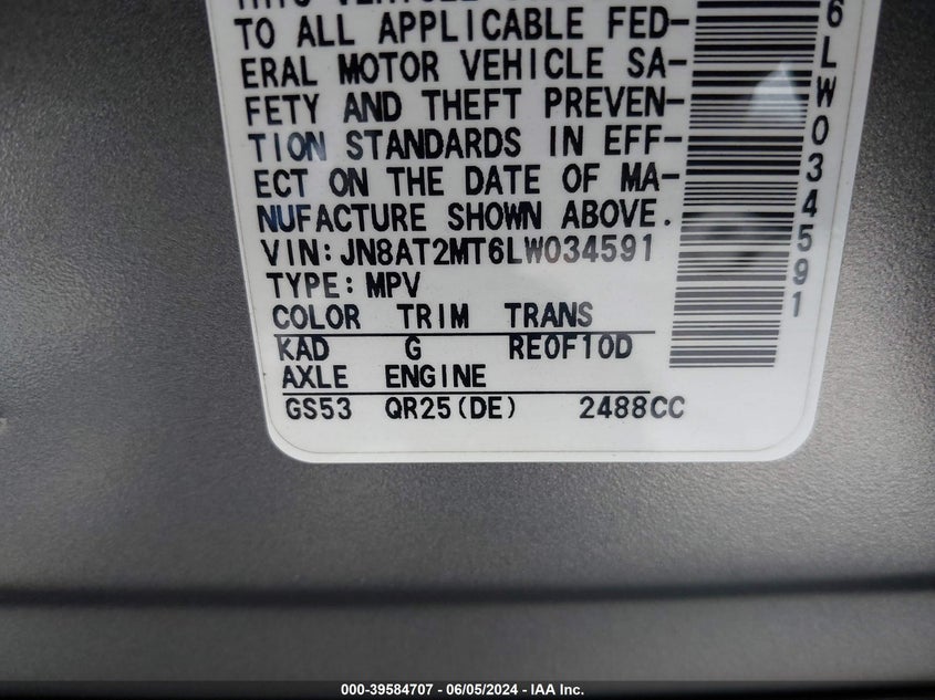 2020 NISSAN ROGUE SV FWD - JN8AT2MT6LW034591