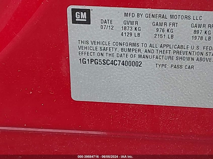 2012 Chevrolet Cruze 2Lt VIN: 1G1PG5SC4C7400002 Lot: 39584716