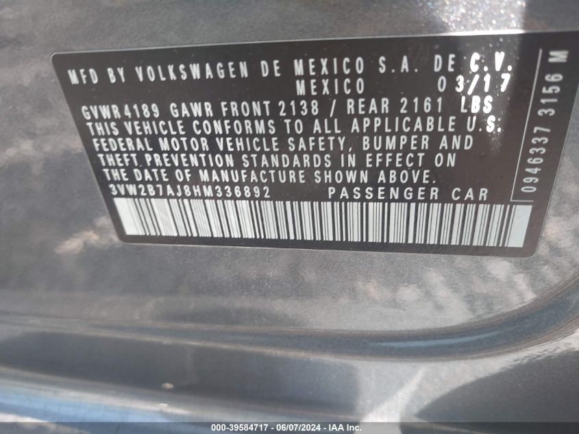 2017 Volkswagen Jetta 1.4T S VIN: 3VW2B7AJ8HM336892 Lot: 39584717