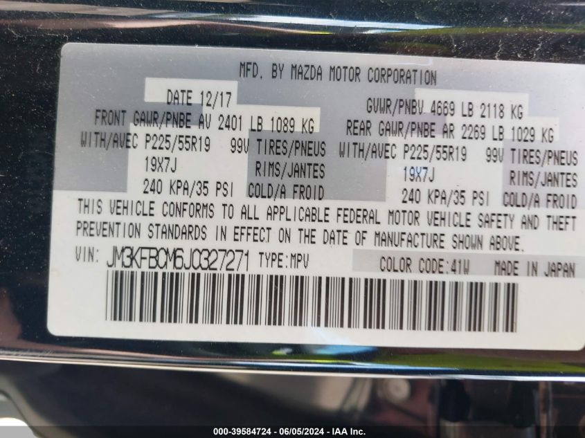 2018 Mazda Cx-5 Touring VIN: JM3KFBCM6J0327271 Lot: 39584724
