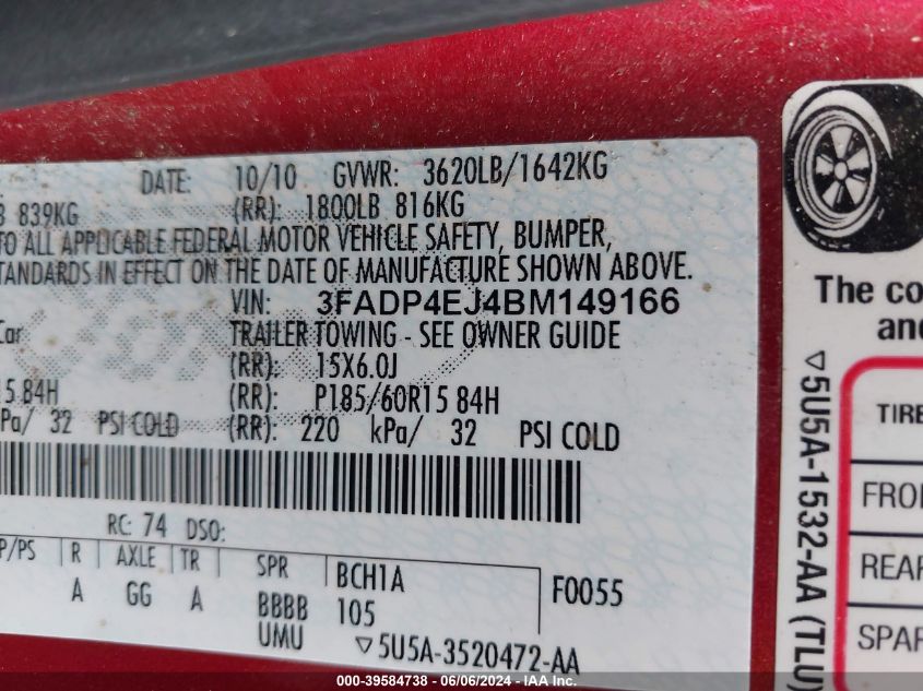 2011 Ford Fiesta Se VIN: 3FADP4EJ4BM149166 Lot: 39584738