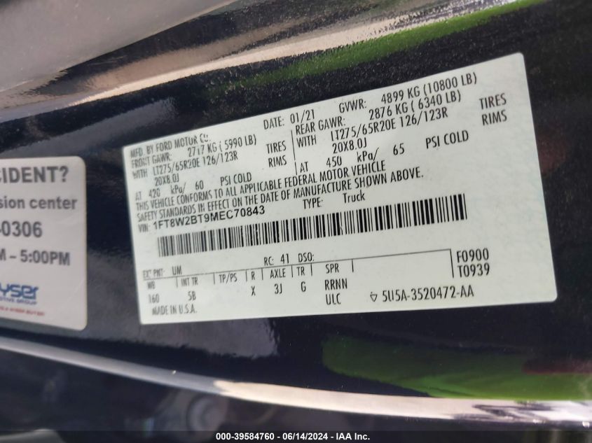 2021 Ford F-250 Lariat VIN: 1FT8W2BT9MEC70843 Lot: 39584760