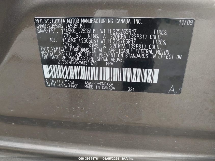 2010 Toyota Rav4 VIN: 2T3BF4DV5AW031178 Lot: 39584761