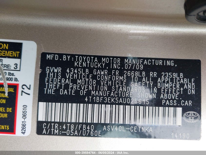 2010 Toyota Camry Le VIN: 4T1BF3EK5AU025615 Lot: 39584764