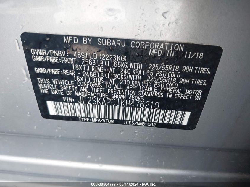 2019 Subaru Forester Sport VIN: JF2SKAPC1KH476210 Lot: 39584777