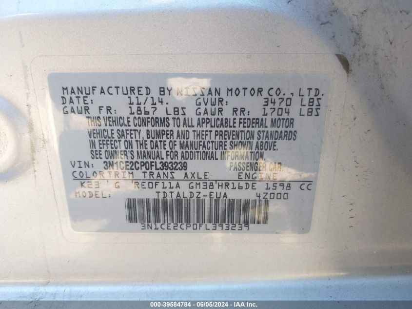 2015 Nissan Versa Note S (Sr)/S Plus/Sl/Sr/Sv VIN: 3N1CE2CP0FL393239 Lot: 39584784