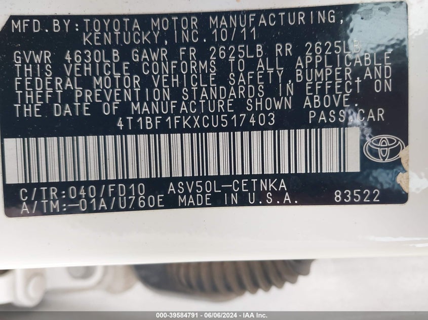 2012 Toyota Camry Le VIN: 4T1BF1FKXCU517403 Lot: 39584791