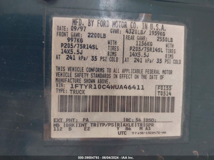 1998 Ford Ranger Splash/Xl/Xlt VIN: 1FTYR10C4WUA46411 Lot: 39584793