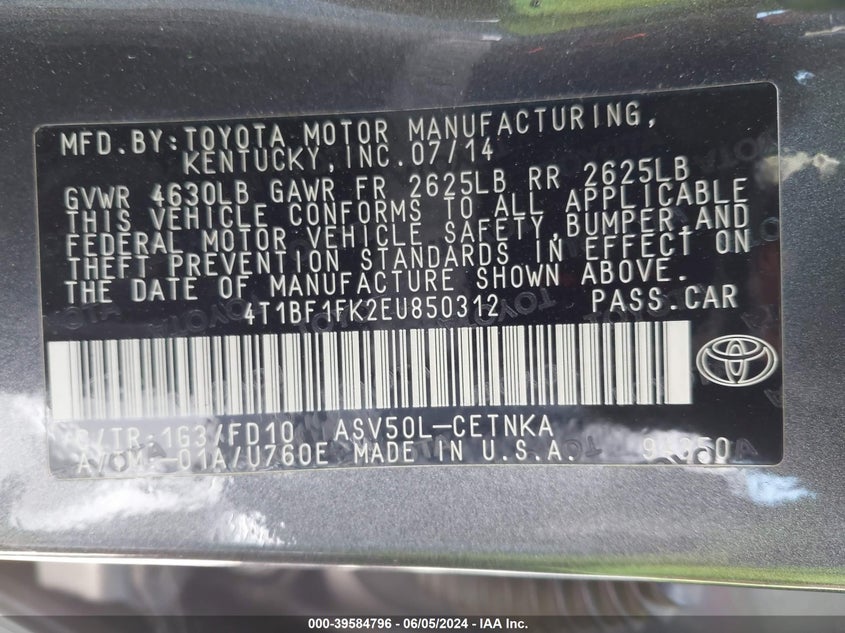 2014 Toyota Camry Le VIN: 4T1BF1FK2EU850312 Lot: 39584796