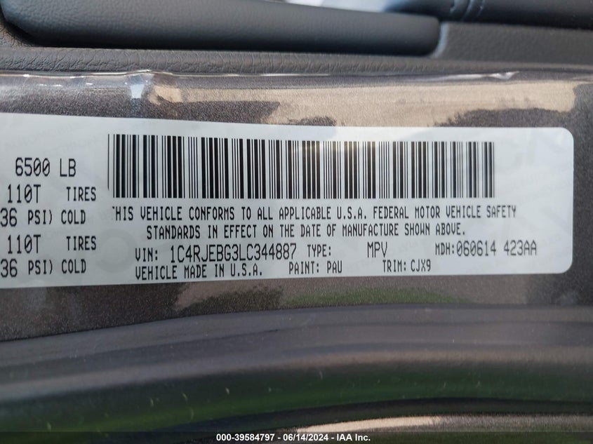2020 Jeep Grand Cherokee Limited 4X2 VIN: 1C4RJEBG3LC344887 Lot: 39584797