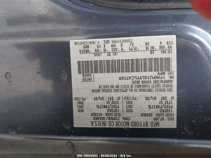 2000 Ford Expedition Eddie Bauer VIN: 1FMPU18L9YLC47109 Lot: 39584803