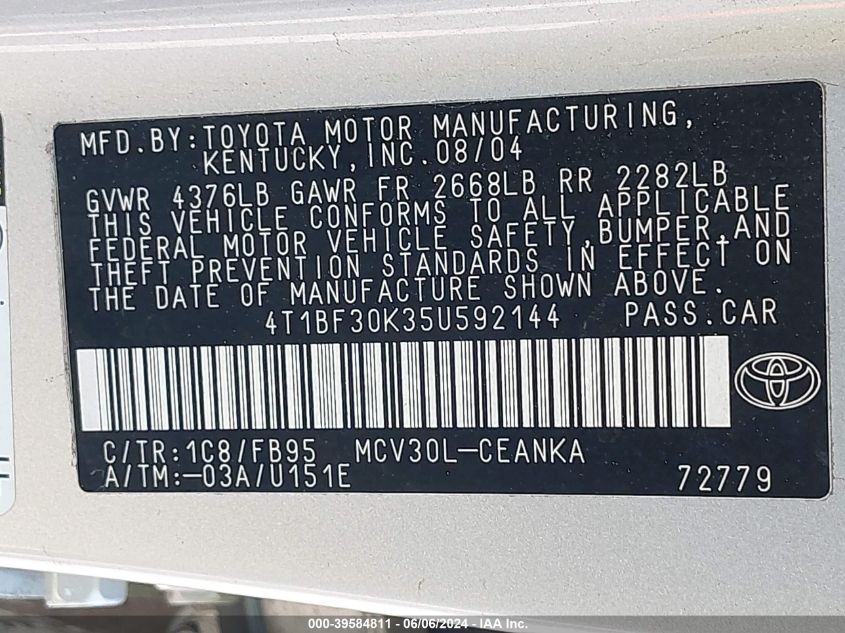 2005 Toyota Camry Le V6 VIN: 4T1BF30K35U592144 Lot: 39584811