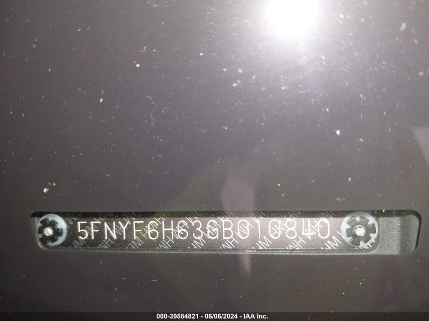 2016 Honda Pilot Ex-L VIN: 5FNYF6H63GB010840 Lot: 39584821