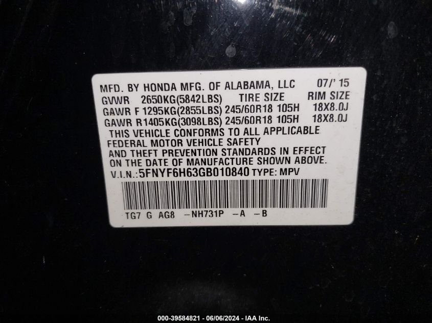 2016 Honda Pilot Ex-L VIN: 5FNYF6H63GB010840 Lot: 39584821