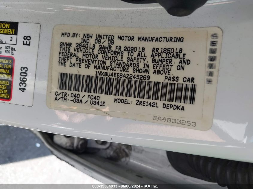 2010 Toyota Corolla Le VIN: 1NXBU4EE8AZ245269 Lot: 39584833