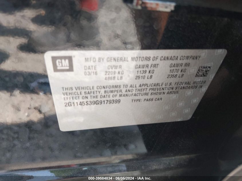 2016 Chevrolet Impala 2Lz VIN: 2G1145S39G9179399 Lot: 39584834