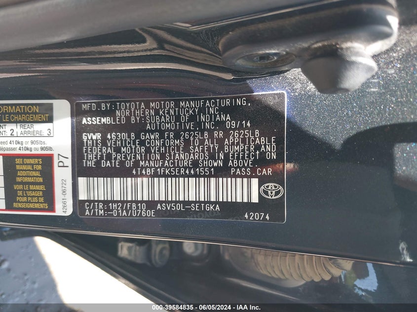 2014 Toyota Camry Xle VIN: 4T4BF1FK5ER441551 Lot: 39584835