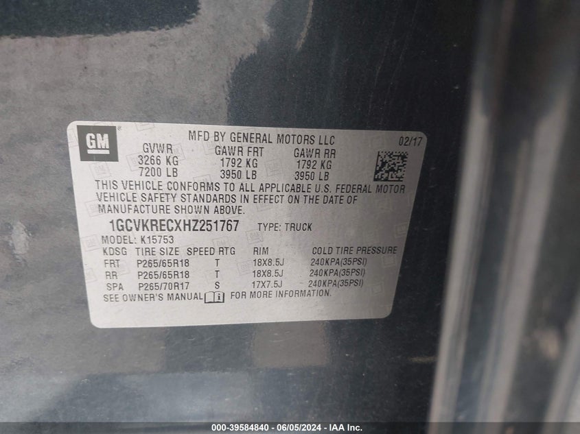2017 Chevrolet Silverado 1500 1Lt VIN: 1GCVKRECXHZ251767 Lot: 39584840