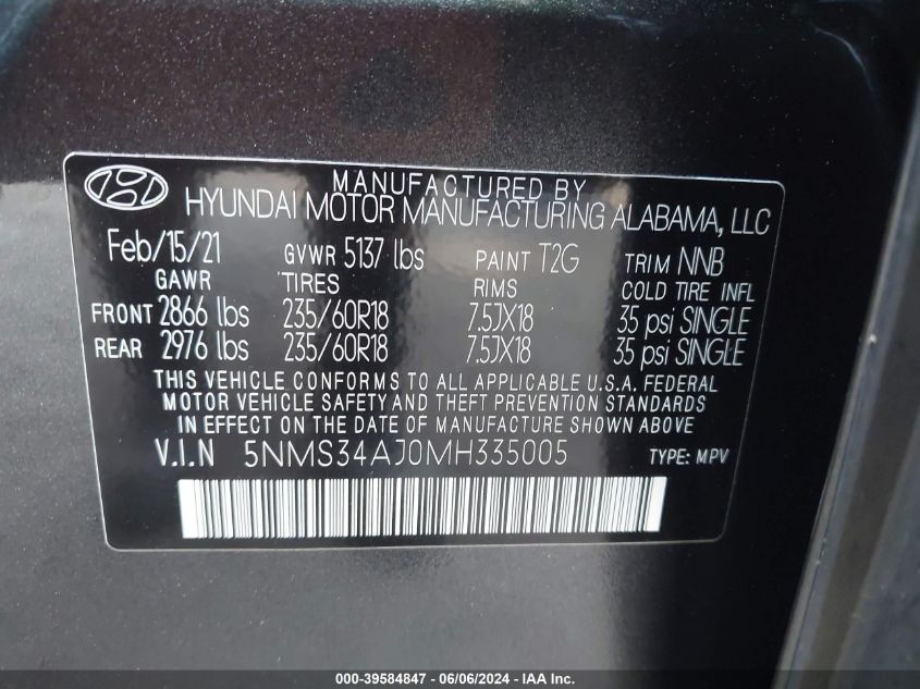 2021 Hyundai Santa Fe Sel VIN: 5NMS34AJ0MH335005 Lot: 39584847