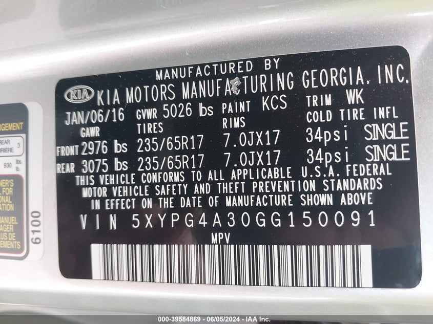 2016 Kia Sorento 2.4L L VIN: 5XYPG4A30GG150091 Lot: 39584869