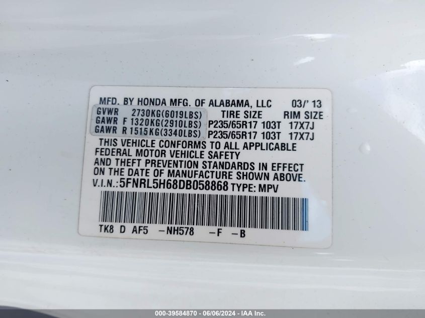 5FNRL5H68DB058868 2013 Honda Odyssey Ex-L