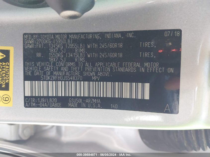 2018 Toyota Highlander Xle VIN: 5TDKZRFH0JS548370 Lot: 39584871