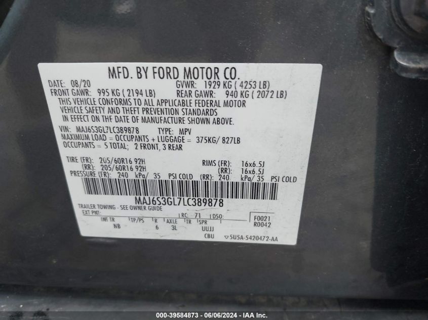2020 Ford Ecosport Se VIN: MAJ6S3GL7LC389878 Lot: 39584873