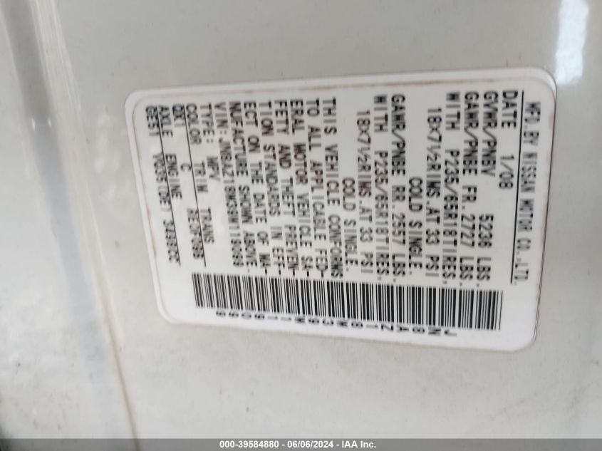 2009 Nissan Murano Sl VIN: JN8AZ18W39W119099 Lot: 39584880