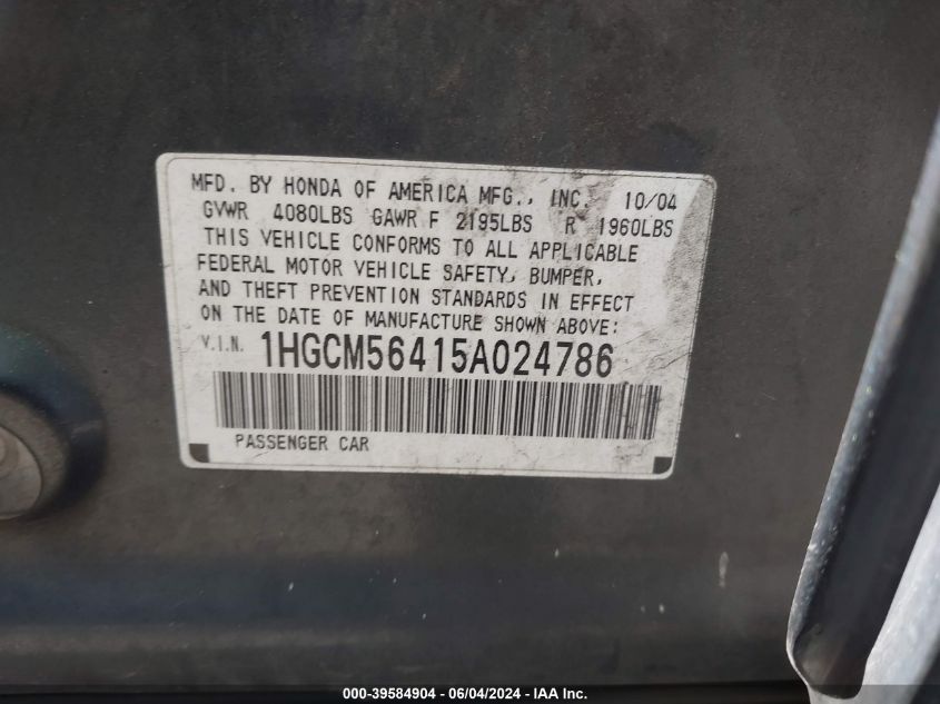 2005 Honda Accord 2.4 Lx VIN: 1HGCM56415A024786 Lot: 39584904