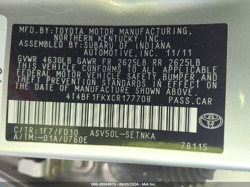 2012 Toyota Camry Le VIN: 4T4BF1FKXCR177708 Lot: 39584913