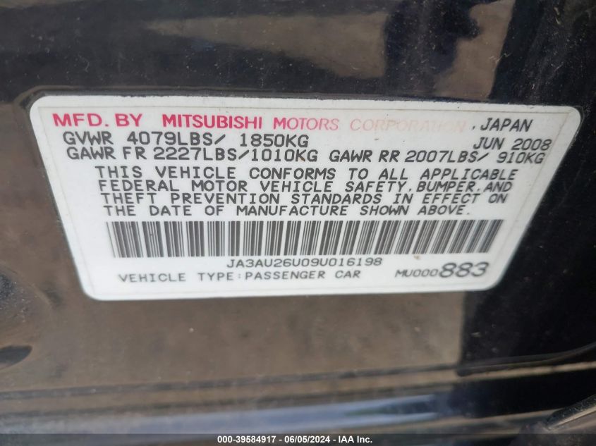 2009 Mitsubishi Lancer Es/Es-Sport VIN: JA3AU26U09U016198 Lot: 39584917