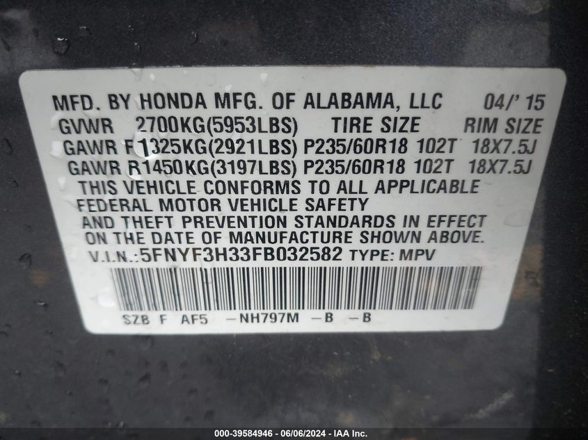 2015 Honda Pilot Se VIN: 5FNYF3H33FB032582 Lot: 39584946