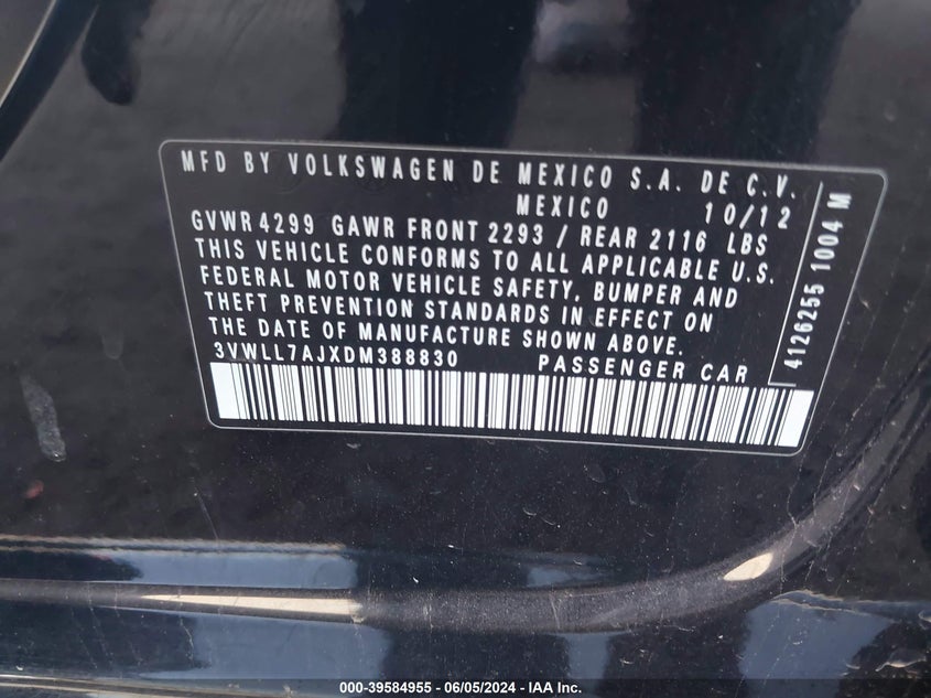 2013 Volkswagen Jetta 2.0L Tdi VIN: 3VWLL7AJXDM388830 Lot: 39584955