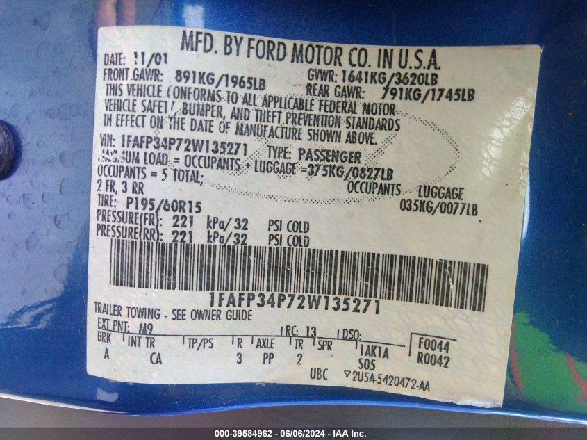 2002 Ford Focus Se VIN: 1FAFP34P72W135271 Lot: 39584962