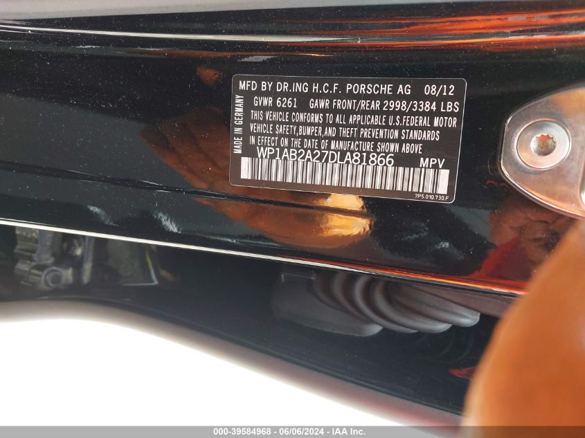 2013 Porsche Cayenne S VIN: WP1AB2A27DLA81866 Lot: 39584968