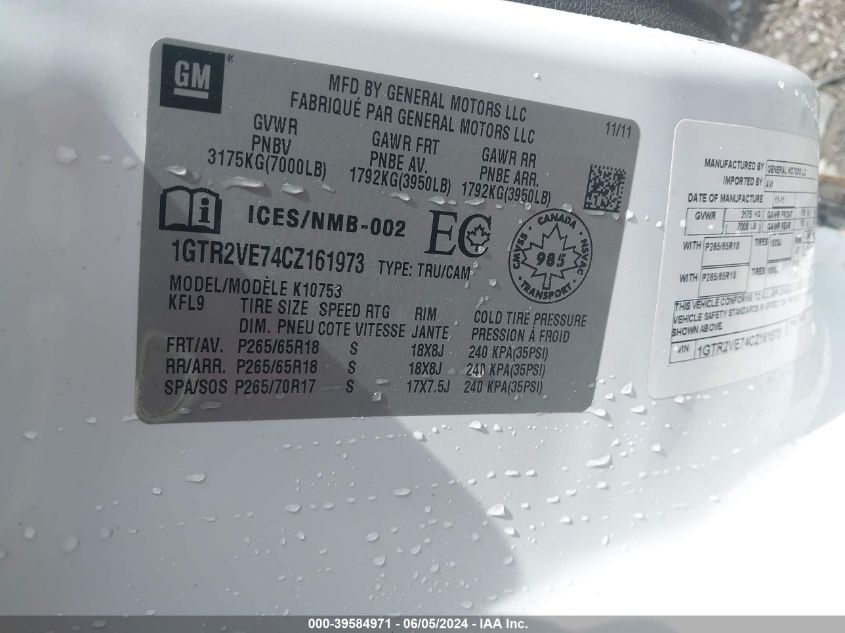 2012 GMC Sierra 1500 Sle VIN: 1GTR2VE74CZ161973 Lot: 39584971