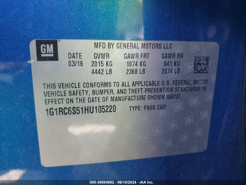 2017 Chevrolet Volt Lt VIN: 1G1RC6S51HU105220 Lot: 39584982