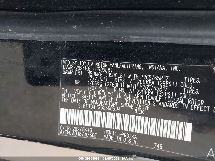 2006 Toyota Tundra Sr5 V8 VIN: 5TBET34136S560594 Lot: 39584986