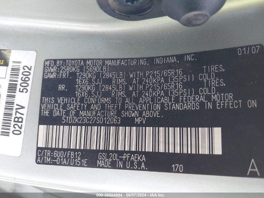 2007 Toyota Sienna Ce VIN: 5TDZK23C27S012063 Lot: 39584994