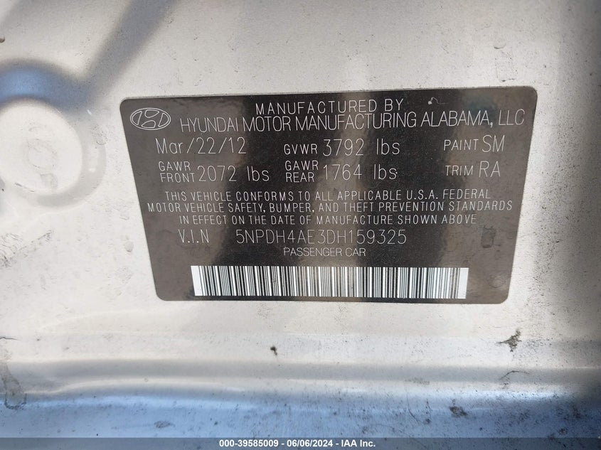 2013 Hyundai Elantra Gls VIN: 5NPDH4AE3DH159325 Lot: 39585009