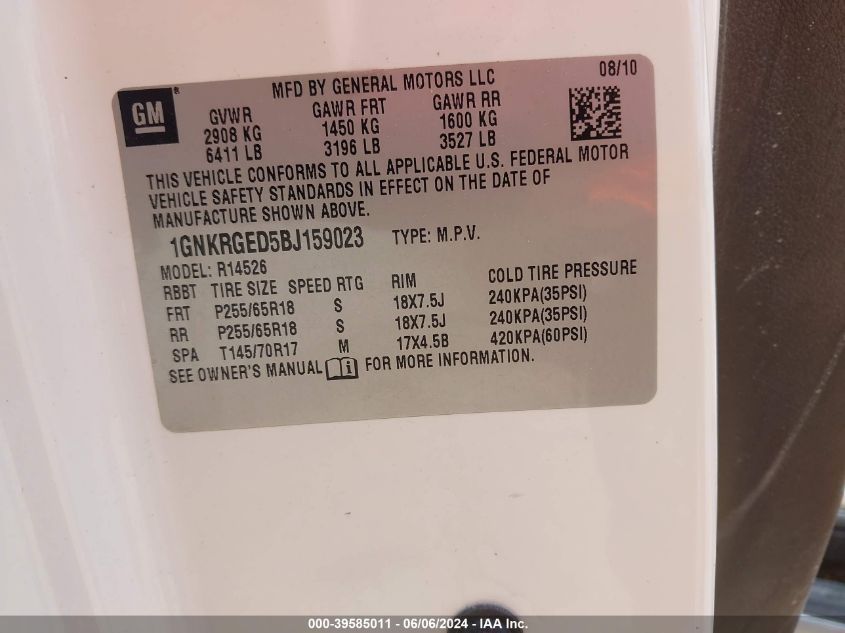 2011 Chevrolet Traverse 1Lt VIN: 1GNKRGED5BJ159023 Lot: 39585011