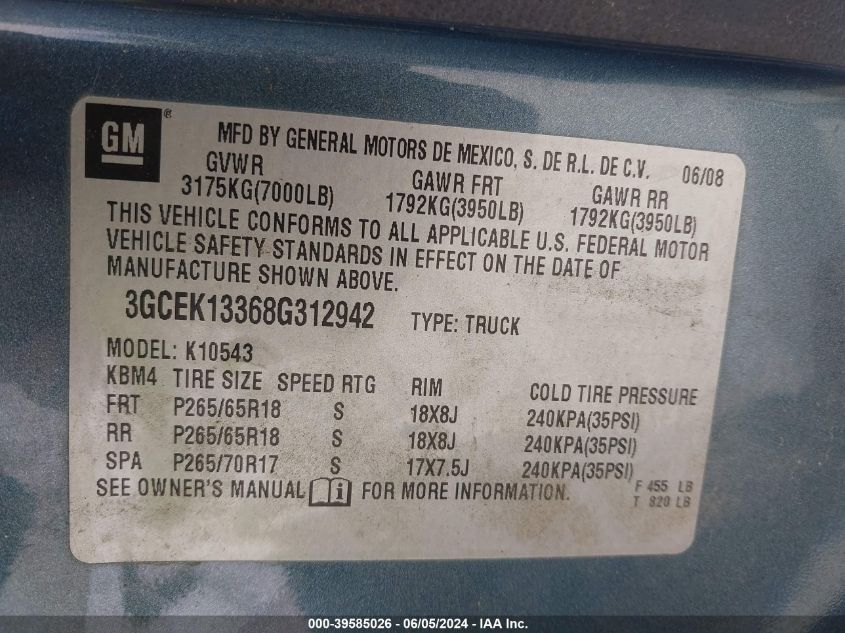 2008 Chevrolet Silverado 1500 Ltz VIN: 3GCEK13368G312942 Lot: 39585026
