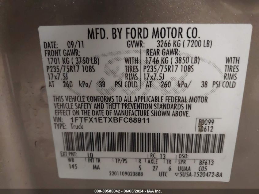 2011 Ford F-150 Xlt VIN: 1FTFX1ETXBFC68911 Lot: 39585042