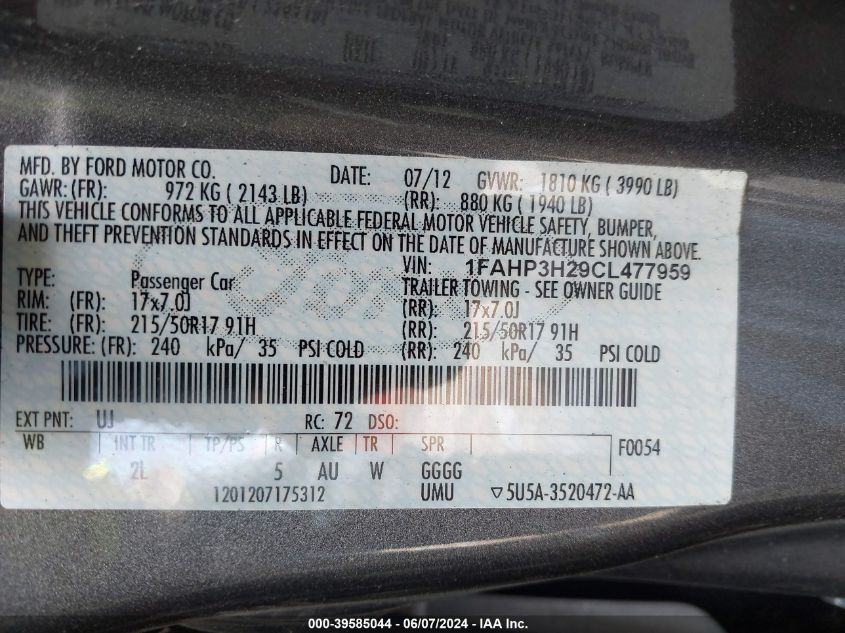 2012 Ford Focus Sel VIN: 1FAHP3H29CL477959 Lot: 39585044