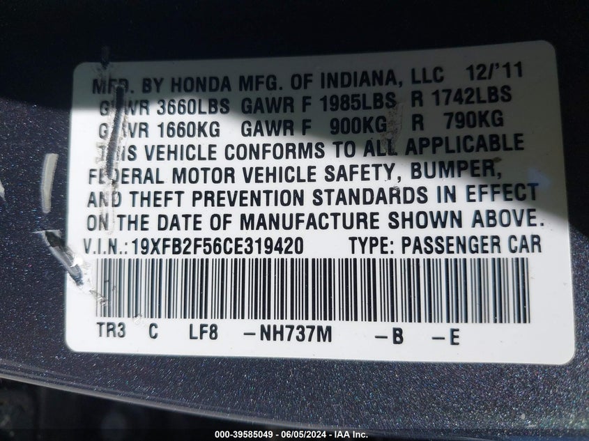2012 Honda Civic Lx VIN: 19XFB2F56CE319420 Lot: 39585049